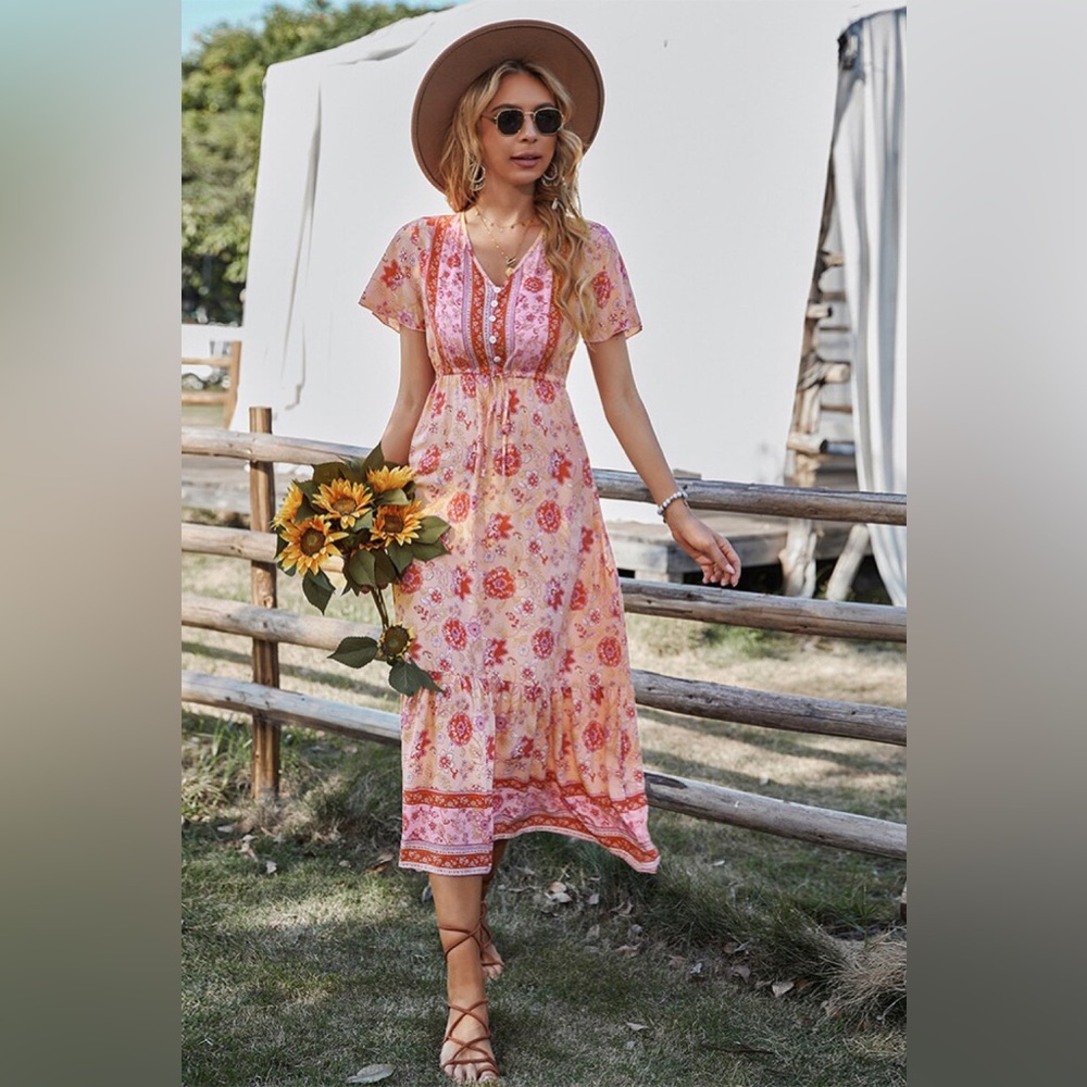 Numa Girls | Floral Buttoned Drawstring Boho Midi Dress - Small - EUC
